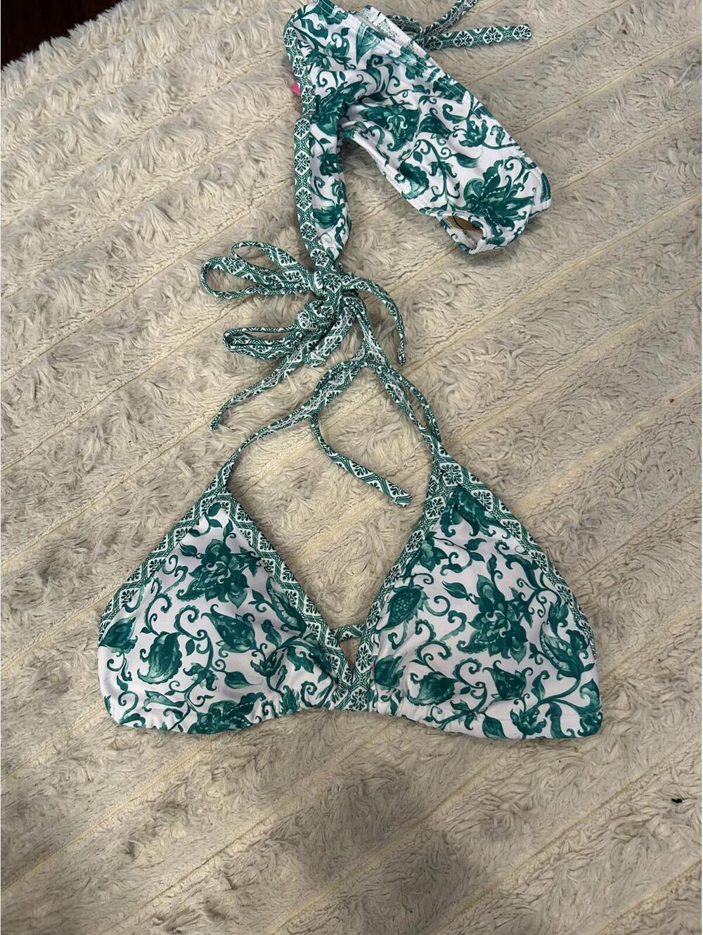 Green and White Patterned Triangle Bikini